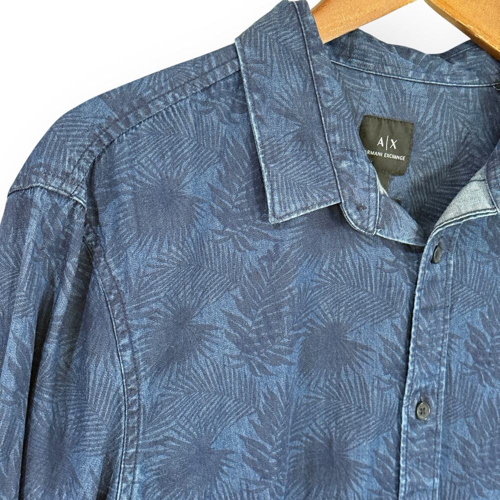 Armani Exchange AX Mens Denim Shirt Mens L Palm Leaf Print Long Sleeve Button Up - Picture 3 of 10